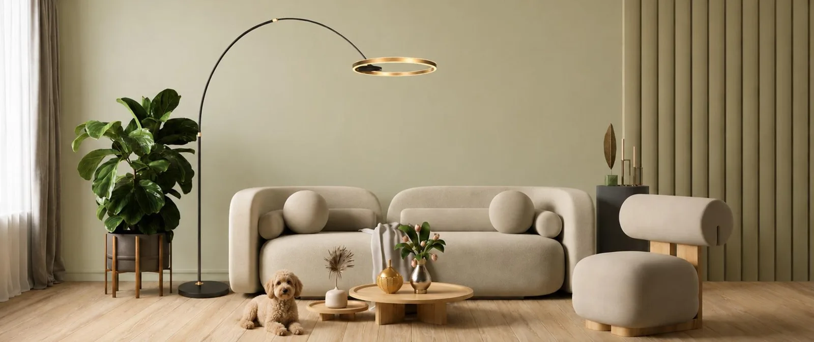 Wohnzimmer mit Bogenlampe von Steinhauer über einem hellen Sofa, Couchtisch aus Holz und Pflanze vor einer salbeigrünen Wand