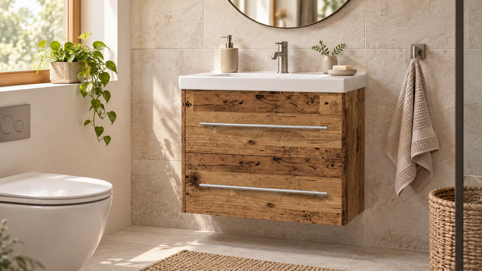 Badezimmer mit Waschtisch aus Holz