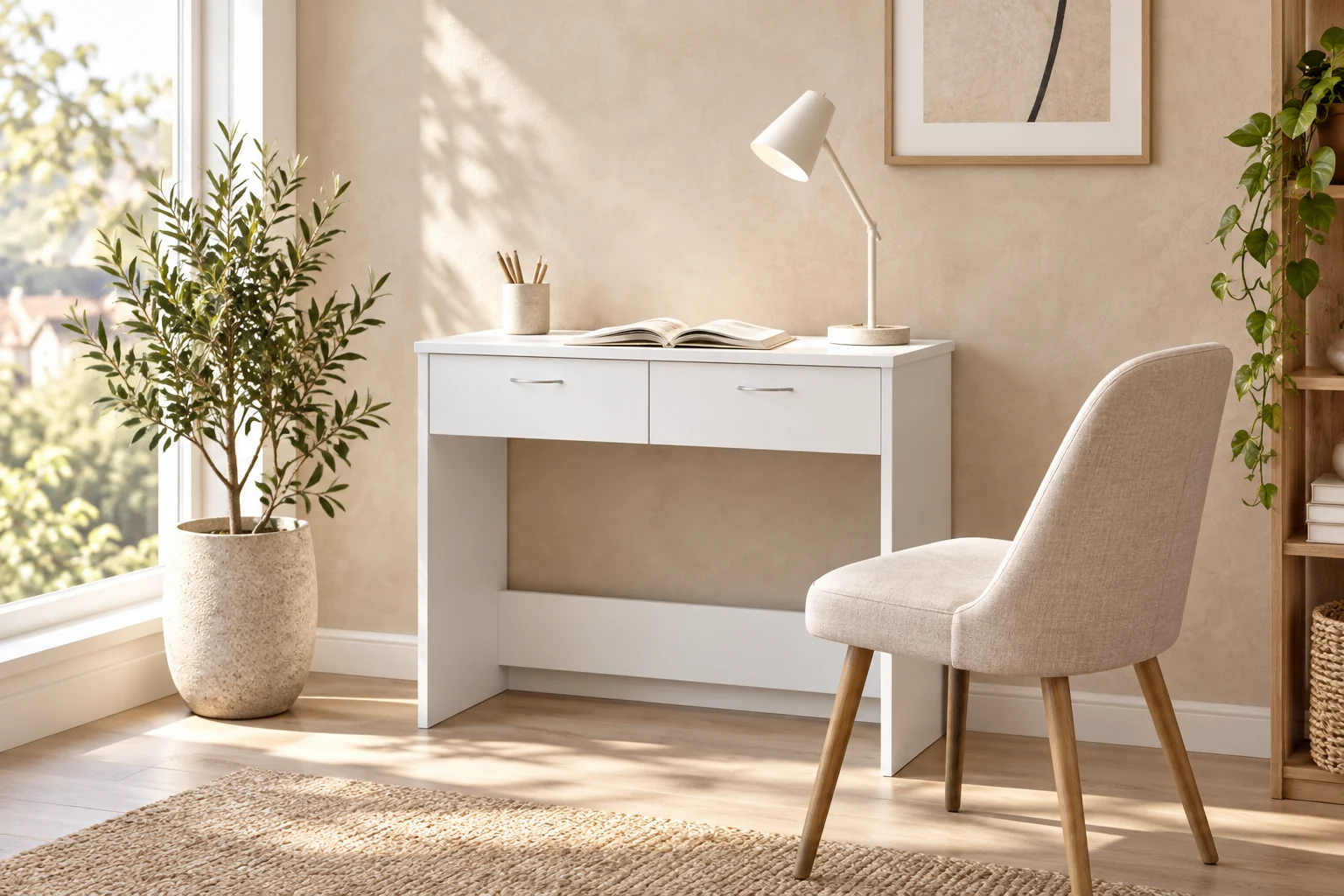 Arbeitsplatz mit weißem Schreibtisch und Stuhl