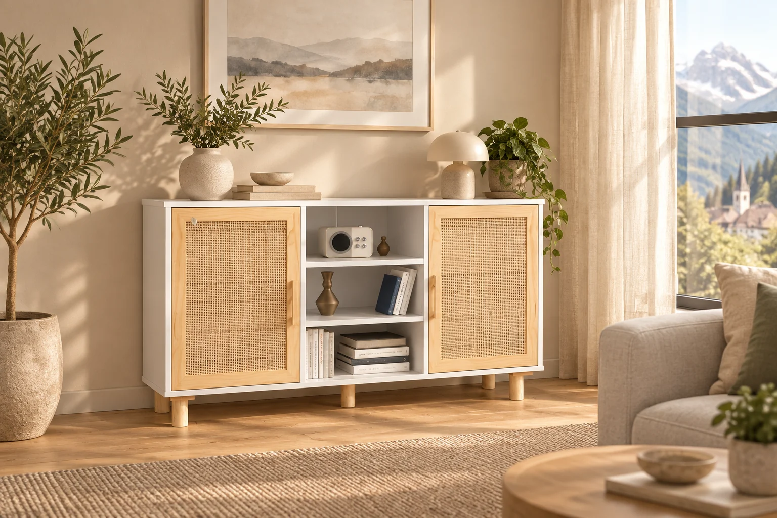 Alva Home Wohnidee mit cremefarbenem Sofa, Juteteppich und Rattan-Sideboard