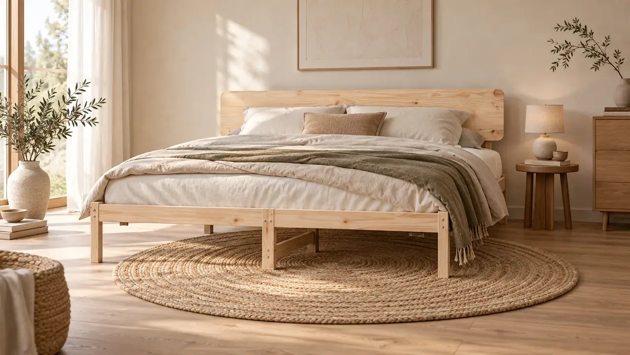 Schlafzimmer mit Holzbett und hellen Textilien