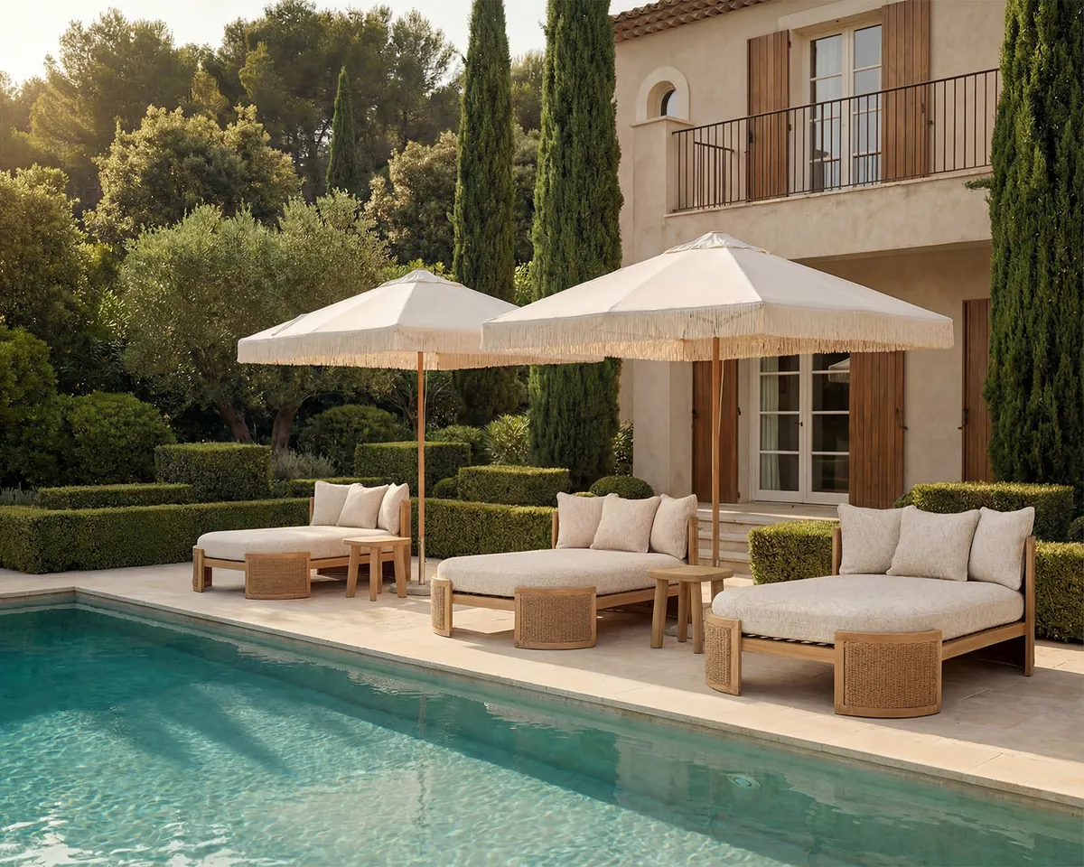 Loungeliegen und Sonnenschirme von Eichholtz an einem Pool vor einer Villa