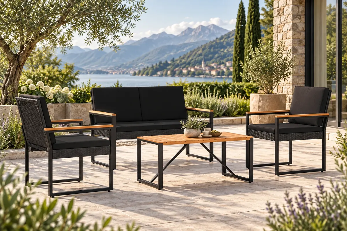 Terrasse mit Gartenlounge, Couchtisch und Blick auf einen See in den Bergen