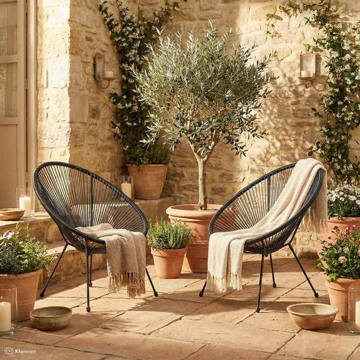 Zwei Gartenstühle mit Geflecht von Möbilia auf einer Terrasse mit Olivenbaum