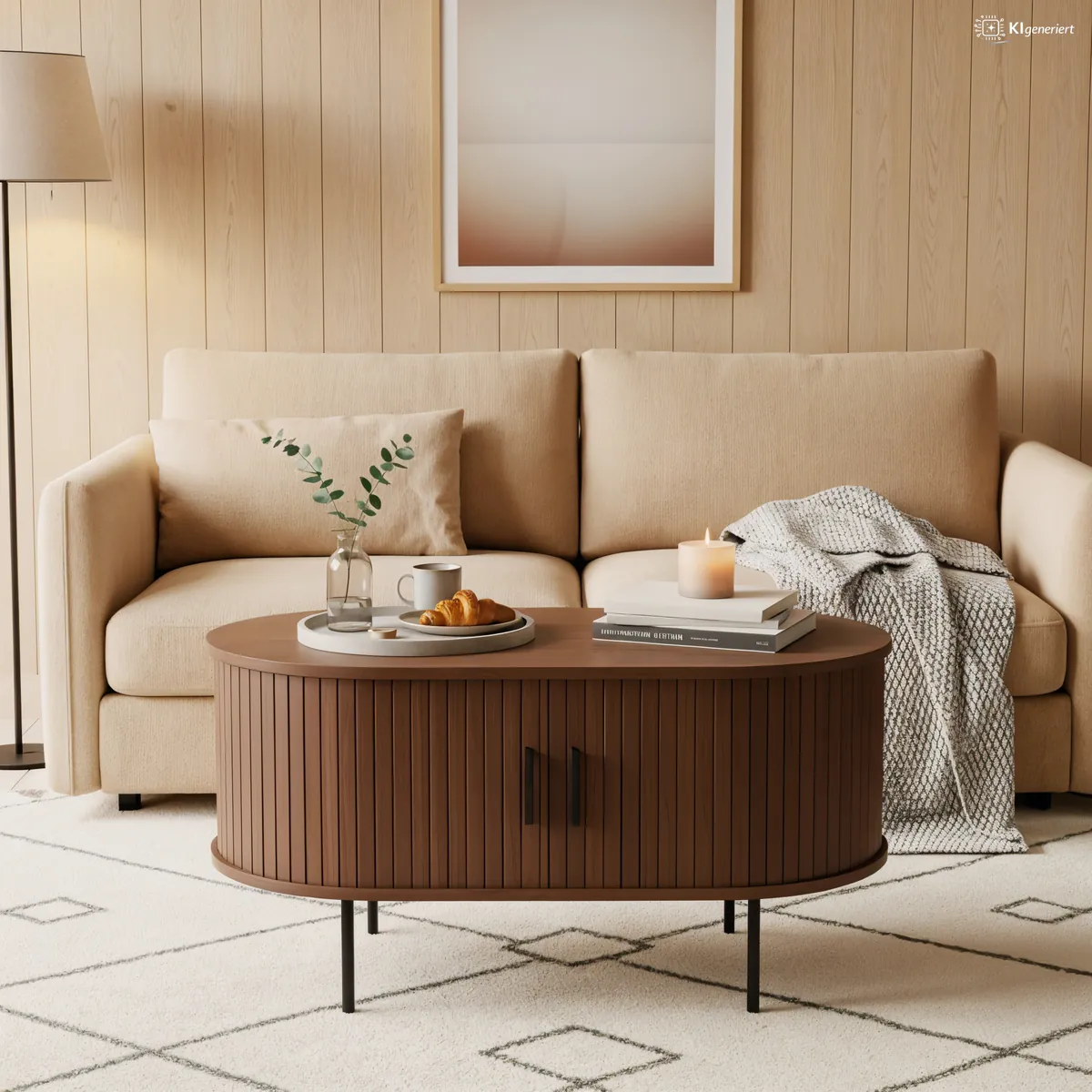Wohnzimmer mit ovalem Couchtisch in Walnussoptik von Möbilia