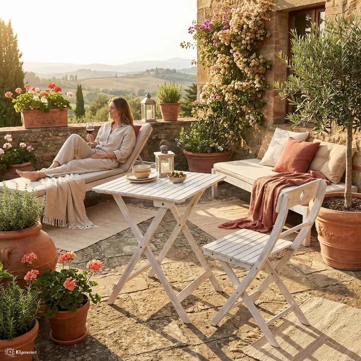 Terrasse mit Sitzgruppe aus Akazie im Vintage-Finish von Möbilia